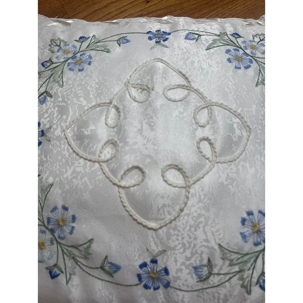 Vintage White Satin Throw Pillow Blue Floral Embroidery Lace Trim Ribbon Detail